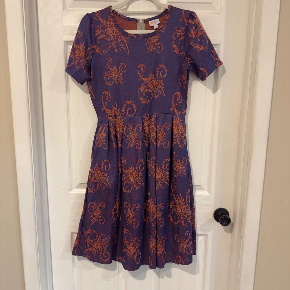 LuLaRoe Amelia Dress Large Purple Orange Scroll Damask Fit Flare Zipper Pockets